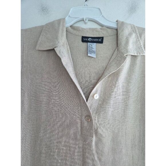 Sag Harbor Beige w/Blue Embroiderd Detail Collard Henley Linen Maxi Dress sz 16 - Picture 5 of 8